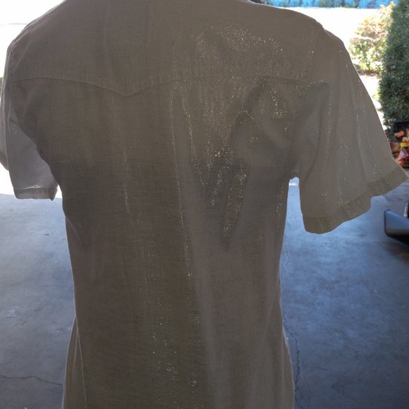 VINTAGE SHINY GLITTERY WHITE SNAP DOWN SHORT SLEEVE SHIRT - Picture 3 of 9